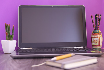 notebook on the table with vase and cactus, pink