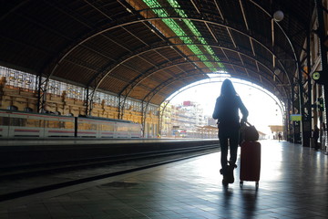 Viajeros con maletas caminando por los andenes de una estación de trenes antigua en Europa