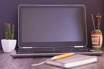 notebook on the table with vase and cactus, black