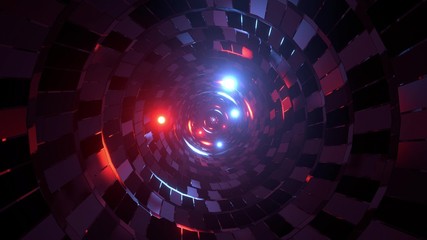 abstract round tunnel with brick pattern texture and glowing spheres 3d illustration background wallpaper,