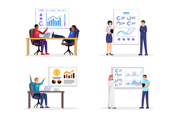 People making business presentation illustrations set. Corporate report with charts, diagrams, graph, statistics information on whiteboard. Business strategy and analytics concept illustrations pack