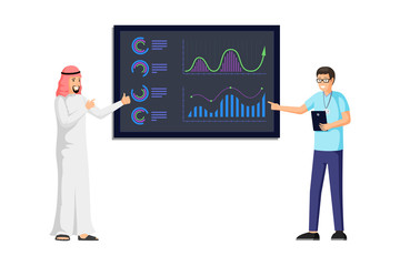 Arabic businessman making presentation illustration. Business report with colorful charts, diagrams, infographic, statistics information on board. Business analytics and strategy concept