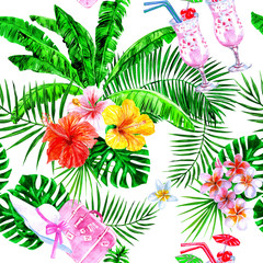 Palm leaves, tropiacal flowers, pina colada cocktails, hat, suitcase. Vacation watercolor seamless...