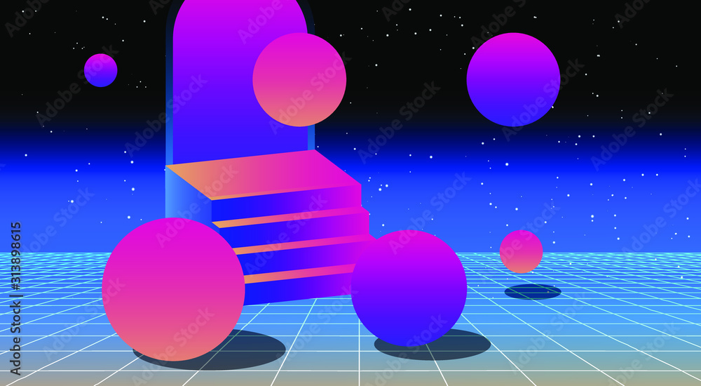 Aufkleber Retrowave/ vaporwave/ synthwave style illustration with staircase and arch on laser grid with floating in zero gravity spheres above. Surreal retrofuturistic backround.