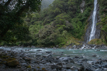 Thunder creek falls. River. South Island New Zealand.. Haast Pass Makarora