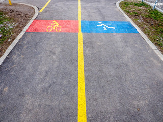 Fototapeta premium Yellow line divides alley into two lanes for bicycles and pedestrians