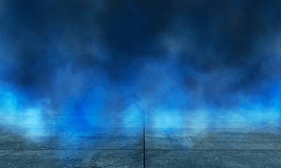 Obraz premium Wet asphalt, reflection of neon lights, a searchlight, smoke. Abstract light in a dark empty street with smoke, smog. Dark background scene of empty street, night view, night city.