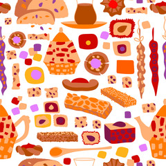 Vector seamless pattern of arabic sweets and oriental tea party. Background for a card or poster for a holiday invitation. Kettle, tea and treats in cartoon flat style isolated on a white background