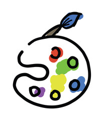 Hand drawn vector sketch illustration of palette and brush.