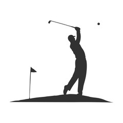 Golf swing, golf player isolated silhouette, golfer illustration with ball flag and club. Stock Vector illustration isolated on white background. - obrazy, fototapety, plakaty