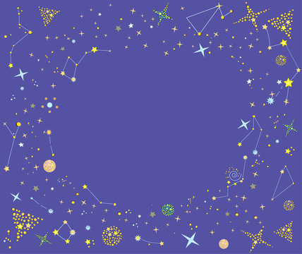 Starry frame with stars, planets, constellations and empty space for text on the blue background.