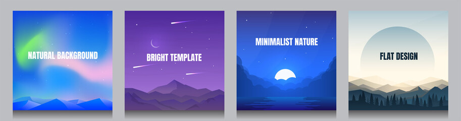 Minimal vector backgrounds set of 4 landscapes. Social media, blog post templates. Northern aurora borealis near mountain, night scene, moon reflection in water, forest near Himalayas. Flat concept