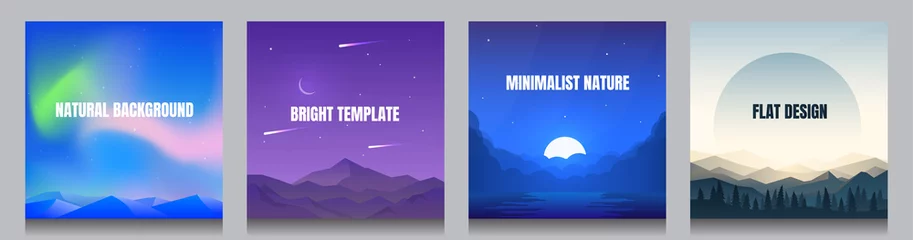 Stof per meter Minimal vector backgrounds set of 4 landscapes. Social media, blog post templates. Northern aurora borealis near mountain, night scene, moon reflection in water, forest near Himalayas. Flat concept © VVadi4ka