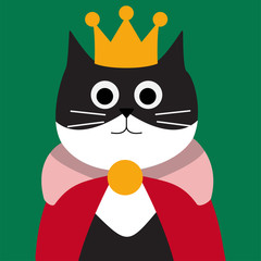 Funny cat is king. Vector illustration. Mascot. Black cat in the crown.