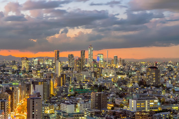 Obraz premium Widok z góry na panoramę Tokio o zachodzie słońca.
