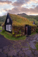 traditional icelandic houses at sunset 