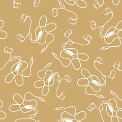 Musical neadphones background. Seamless vector pattern with wired headphones. - 313908625