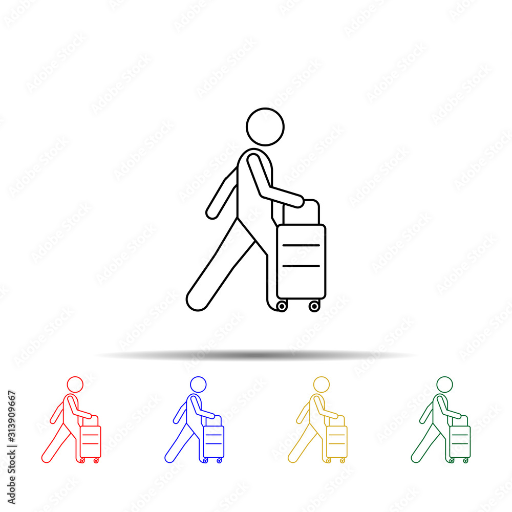 Poster man and suitcase with wheels multi color style icon. simple thin line, outline vector of vmle bag an