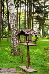 Wooden bird feeder in the park in summer.  Bird care