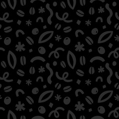 Coffee abstract pattern, seamless vector background with doodles, contemporary abstraction shapes, beans and leaves. Modern decorative backdrop for premium cafe or coffee shop.