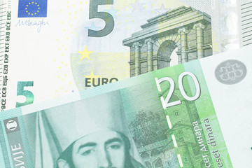 A twenty Serbian dinar bank note, close up in macro with a five euro German bank note