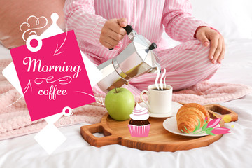Morning of woman having tasty breakfast in bed