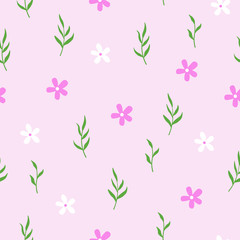 Fototapeta na wymiar Vector graphics. Adorable, simple floral pattern with flowers and green leaves. Light background. 
