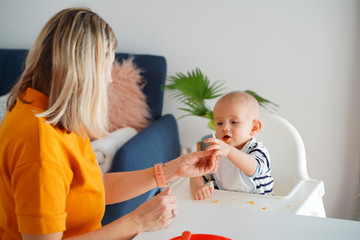 Mom feeding her baby girl with a spoon. Mother giving food to her eight-month child at home.