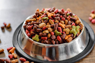 Dry Colorful cat food in metal bowl on wooden background