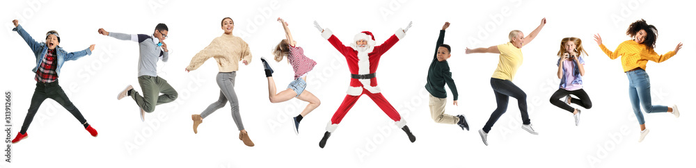 Sticker jumping santa claus on white background