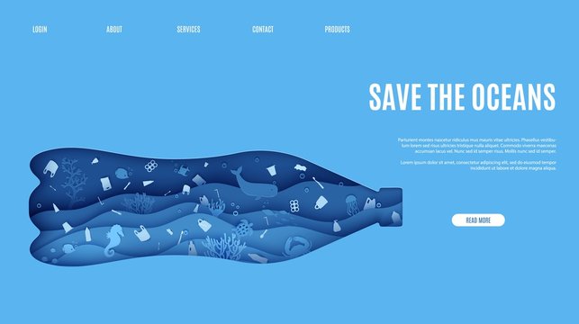 Web Page Stop Ocean Plastic Pollution Banner Design Template In Paper Cut Style. Underwater View Through The Bottle Silhouette. Seabed Reef And Fish In Waves Vector World Water Day Website Concept.