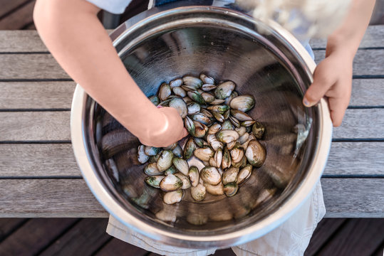 Toddler holding a large bowl of fresh shellfish