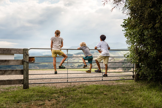 Three kids climbing on a gate with mountains in the distance