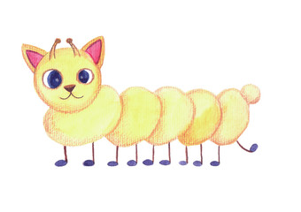Cute watercolor yellow monster looks like a cat, caterpillar, centipede, chicken with horns on its head