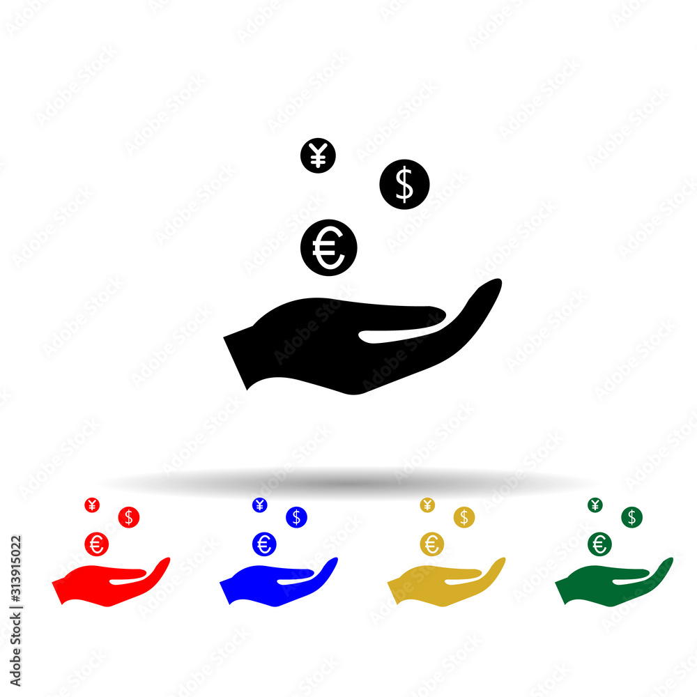 Poster hand holding coin multi color style icon. simple glyph, flat vector of profit icons for ui and ux, w
