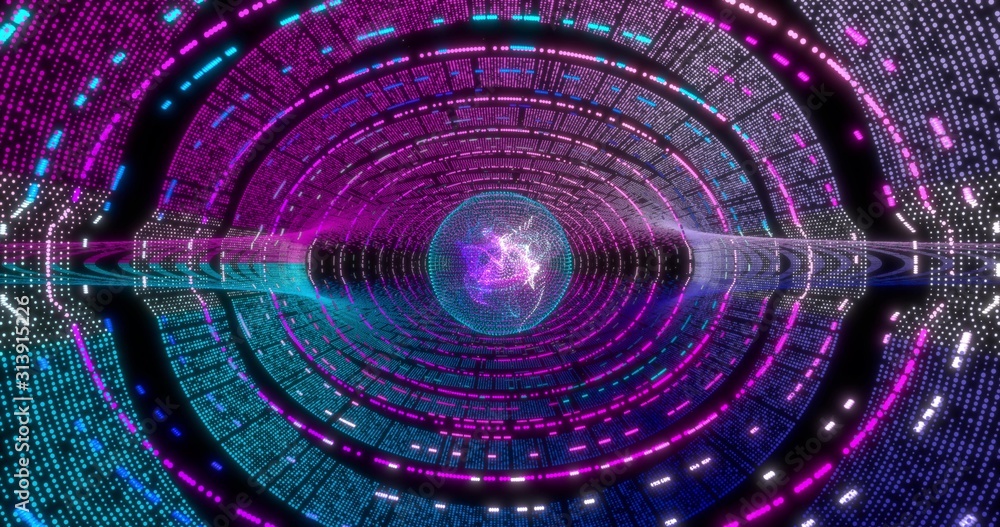 Poster neon circle background with data tunnel. fluorescent ultraviolet lights . virtual reality future des