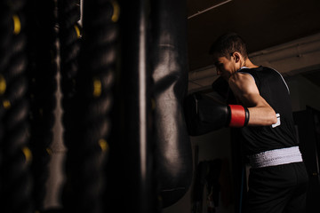Young man boxer practicing a left hit boxing during workout.