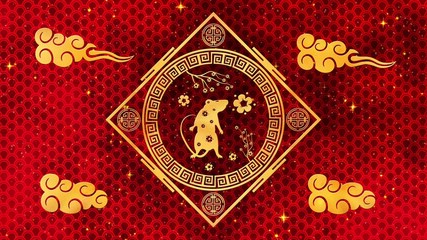 Red Chinese New Year background with gold, rat, fireworks, glittering stars 3D rendering . Magical Happy new year animation.