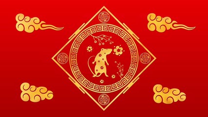Red Chinese New Year background with gold rat, 3D rendering. Magical Happy new year animation.