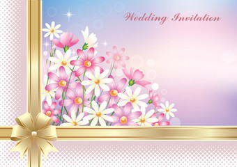 Wedding invitation with floral background decorated with ribbon and bow