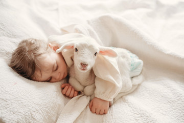 baby girl toddler laying in a bed asleep with her baby pet lamb sheep