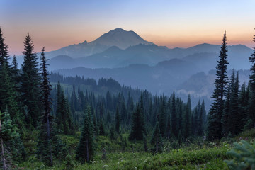A Hazy Mount Rainier at dusk from Naches peak