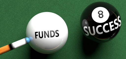 Funds brings success - pictured as word Funds on a pool ball, to symbolize that Funds can initiate success, 3d illustration