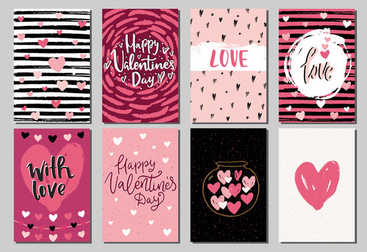 Set of Valentine's day greeting cards and posters with hand drawn hearts  and decorative textured brush strokes on background. Happy Valentine's day, Love you words,vector illustration scandinavian st
