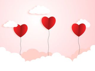 Fototapeta na wymiar Valentines day card with hearts balloons and clouds