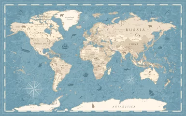 Rolgordijnen World Map Vintage Old-Style - vector - blue and beige © Porcupen