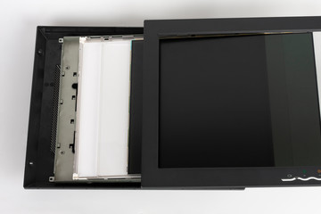 Several parts of LCD monitor, plastic frame, panel consists of polarizing filters, glass and  liquid-crystal display, organic glass, - obrazy, fototapety, plakaty