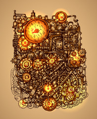 Steampunk mechanism print. Hand drawn vector illustration