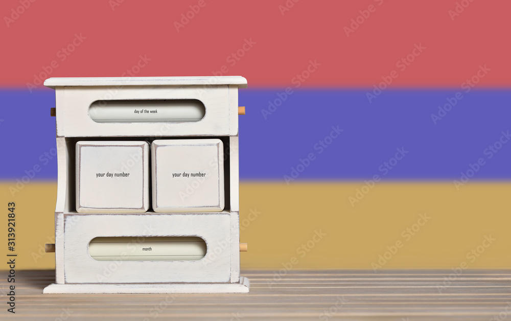 Poster wooden retro calendar with free space for a date on the background of the flag of armenia. template 
