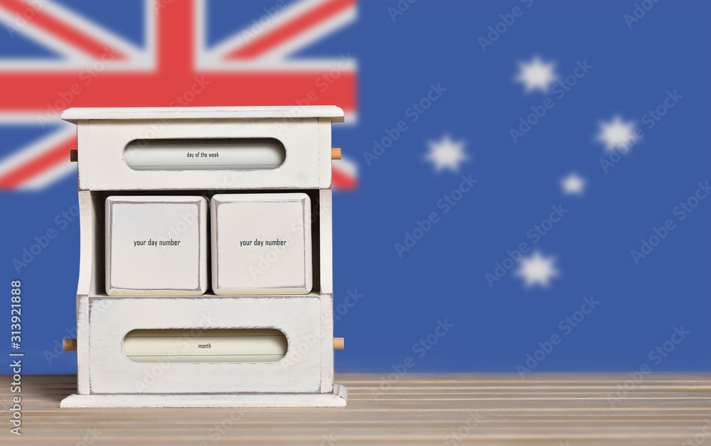 Poster wooden retro calendar with free space for a date on the background of the flag of australia. templat
